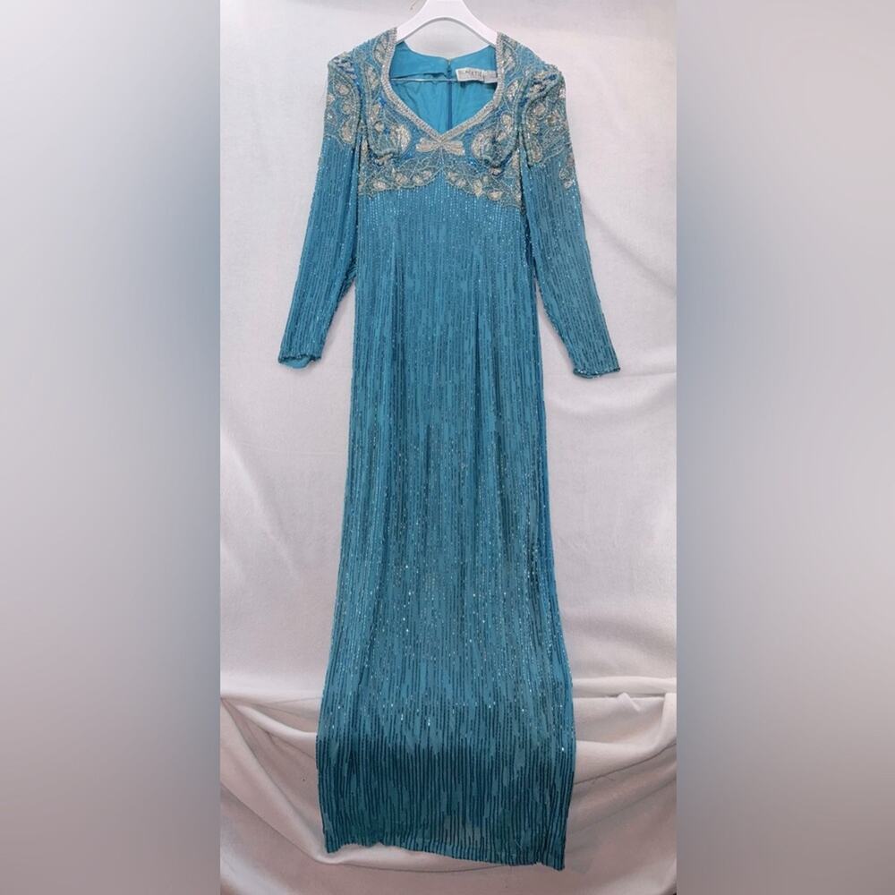 Vintage Black Tie 100% Silk Beaded Evening Gown by Oleg Cassini Teal size 10
